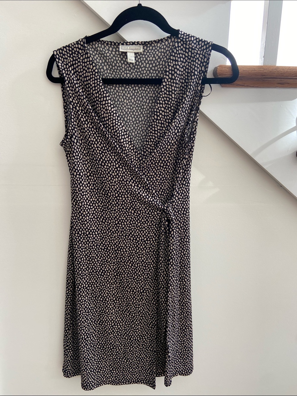 Dana Buchman Black Midi Wrap Dress with Cream Dot Print